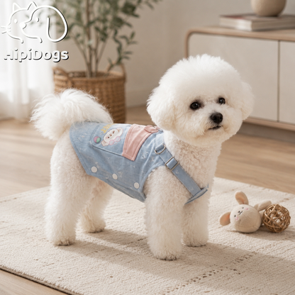 Cute Denim Canvas Dog Harness Vest – Adjustable Puppy Walking Harness with Cartoon Pocket Detail