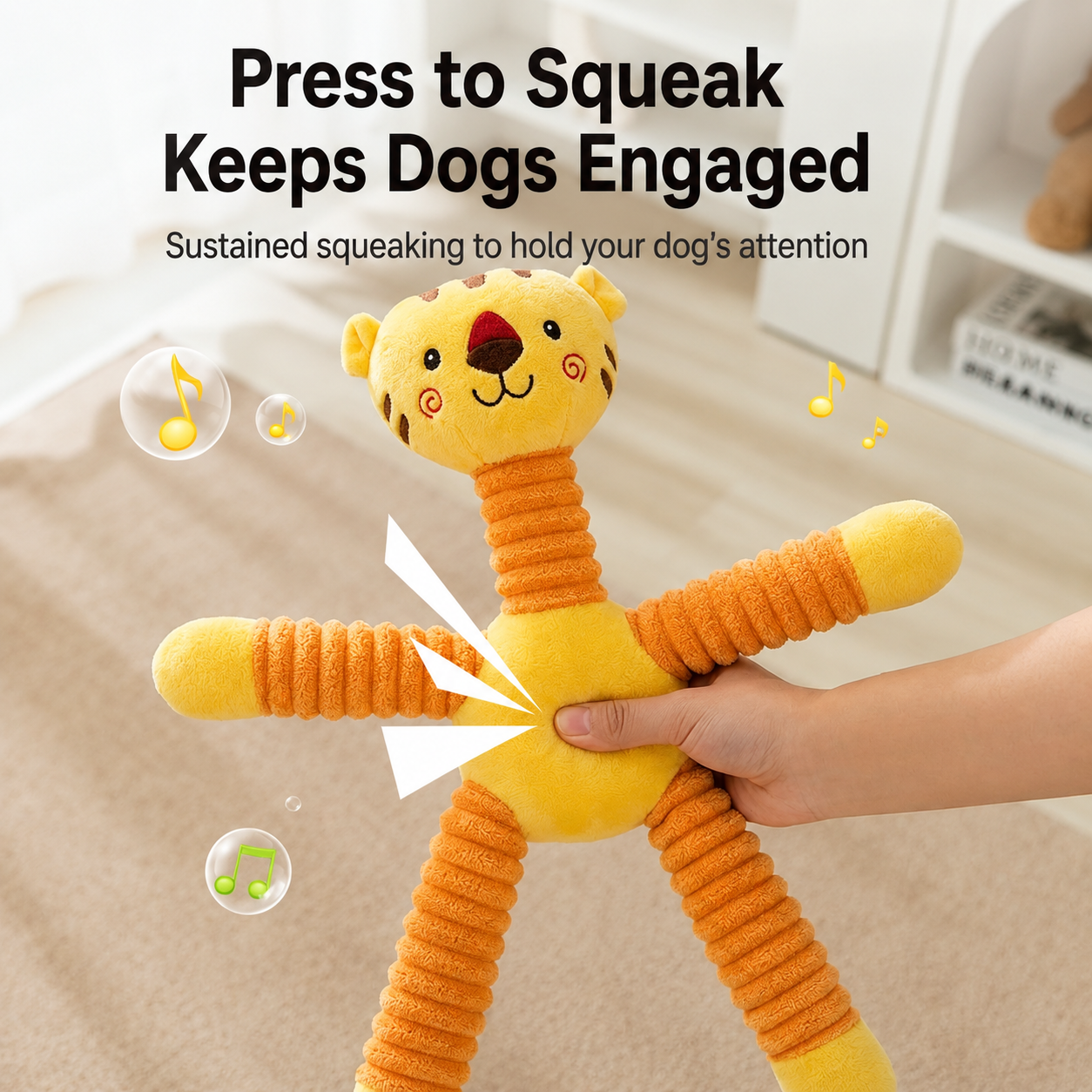 HipiDogs Stretchy Tiger Plush Dog Toy with Squeaker