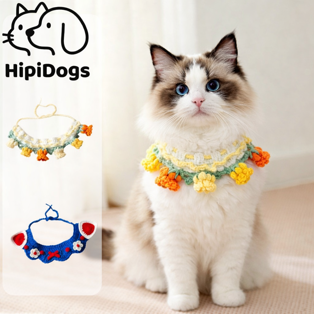Handmade Flower Cat Collar | Cute Knitted Pet Collar for Cats & Small Dogs | Boho Crochet Pet Necklace | HipiDogs