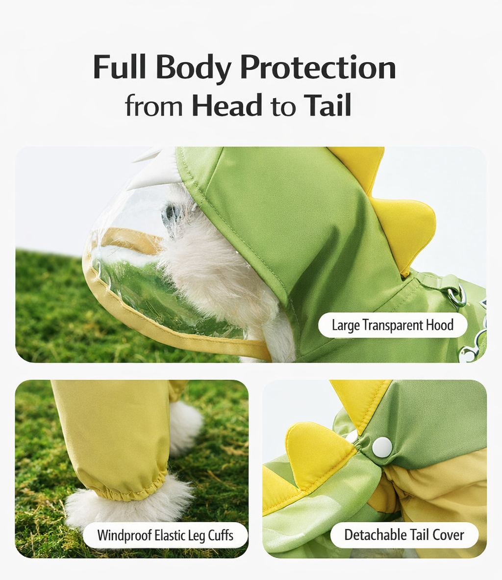 Dinosaur Dog Raincoat with Hood | Waterproof Pet Rain Suit with Reflective Strap for Small Dogs | HipiDogs