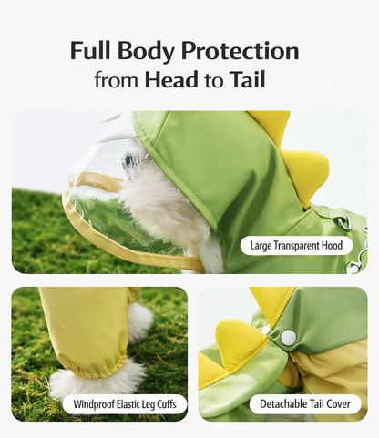 Dinosaur Dog Raincoat with Hood | Waterproof Pet Rain Suit with Reflective Strap for Small Dogs | HipiDogs