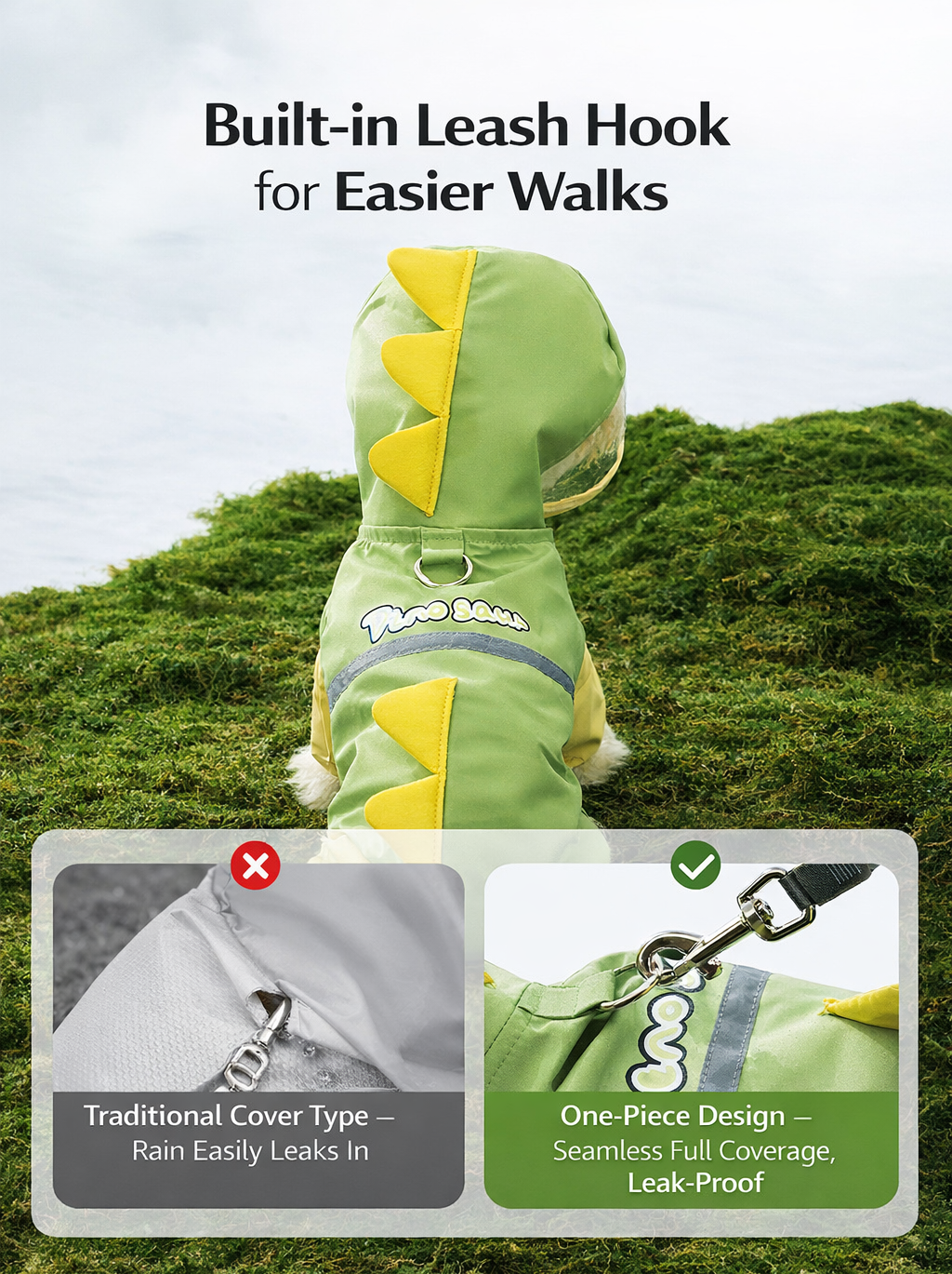Dinosaur Dog Raincoat with Hood | Waterproof Pet Rain Suit with Reflective Strap for Small Dogs | HipiDogs