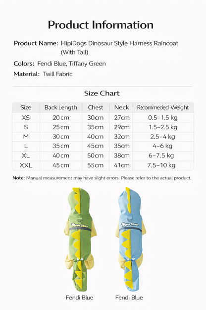 Dinosaur Dog Raincoat with Hood | Waterproof Pet Rain Suit with Reflective Strap for Small Dogs | HipiDogs