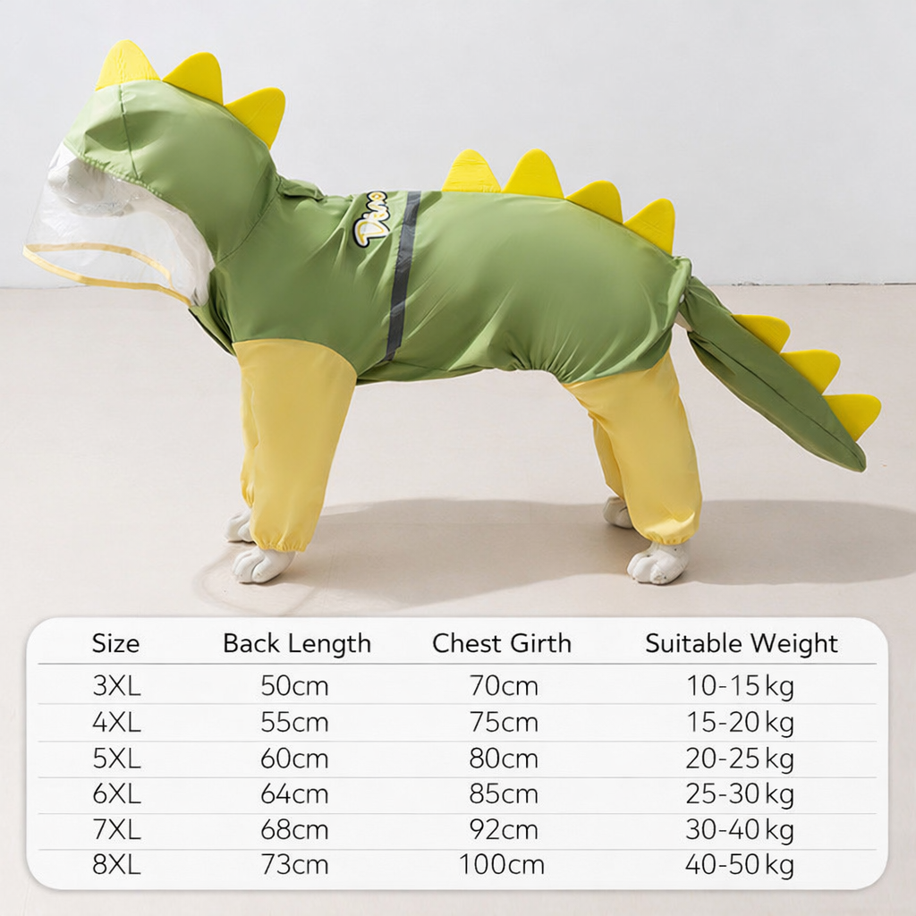 Dinosaur Waterproof Dog Raincoat | Full Body Pet Rain Suit with Transparent Hood | Reflective Dog Rain Jacket for Medium & Large Dogs | HipiDogs