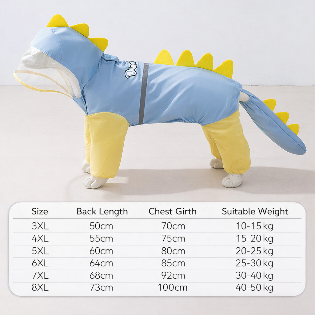 Dinosaur Waterproof Dog Raincoat | Full Body Pet Rain Suit with Transparent Hood | Reflective Dog Rain Jacket for Medium & Large Dogs | HipiDogs