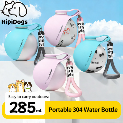 Portable Dog Water Bottle 285ml | Stainless Steel Pet Travel Water Bottle with Carry Strap | Leakproof Outdoor Water Dispenser | HipiDogs