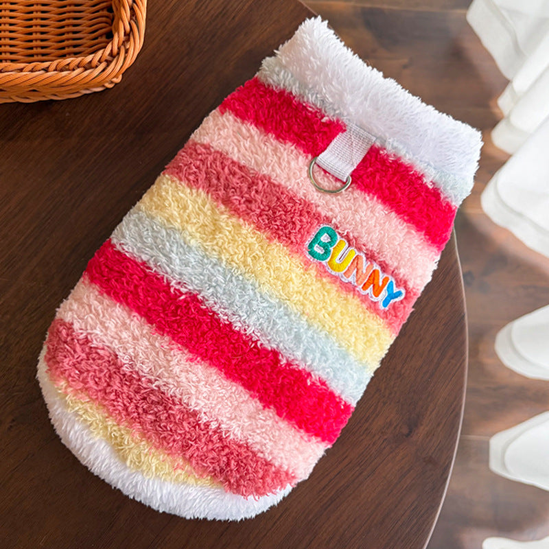 Warm Plush Striped Dog Hoodie – Soft Winter Pet Sweater with Hood for Small Dogs