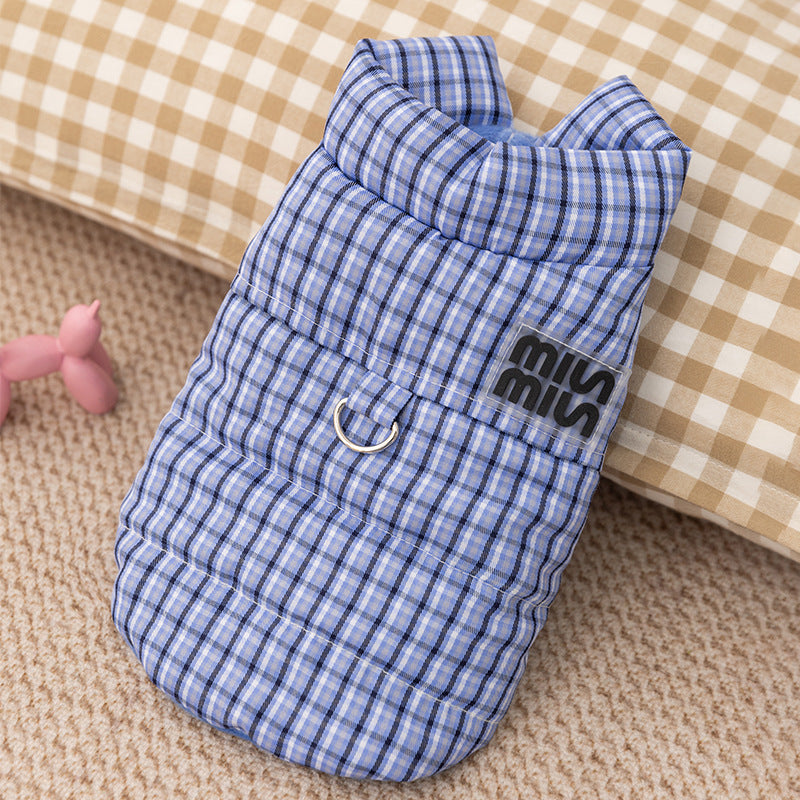 Plaid Padded Dog Dress with Harness Ring – Warm Winter Coat for Small Dogs, Cute Ruffle Puppy Jacket