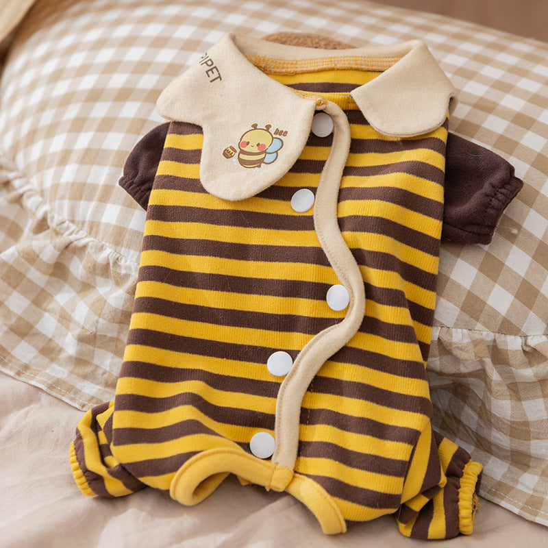 Cute Bee Dog Pajamas – Soft Striped Puppy Jumpsuit for Small Dogs Autumn Winter Pet Clothes