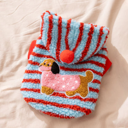Thick Hooded Dog Sweater for Small Dogs - Plush Striped Winter Puppy Coat, Warm Fleece Pet Outfit - product photo 6