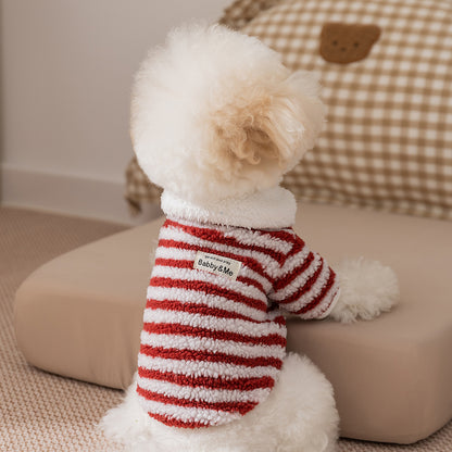Warm Striped Fleece Dog Sweater Coat - Soft Winter Pet Jacket for Small Dogs, Cozy Plush Puppy Clothing - product photo 2