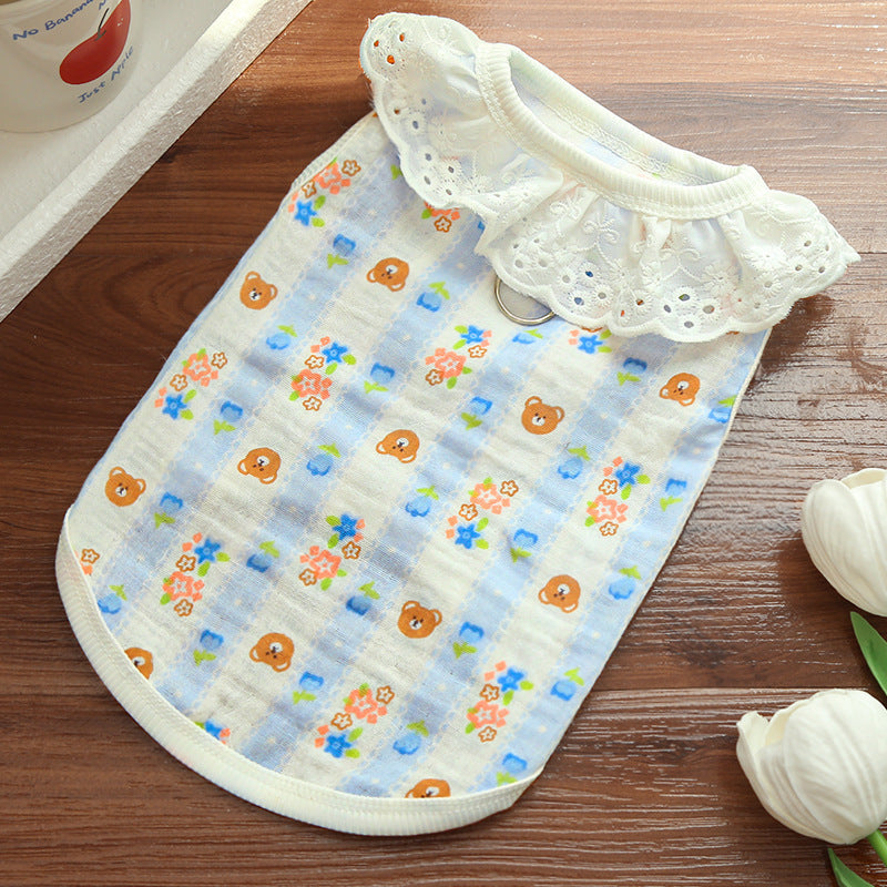 Bear Print Pet Shirt – Cute Lace Collar Summer Fit