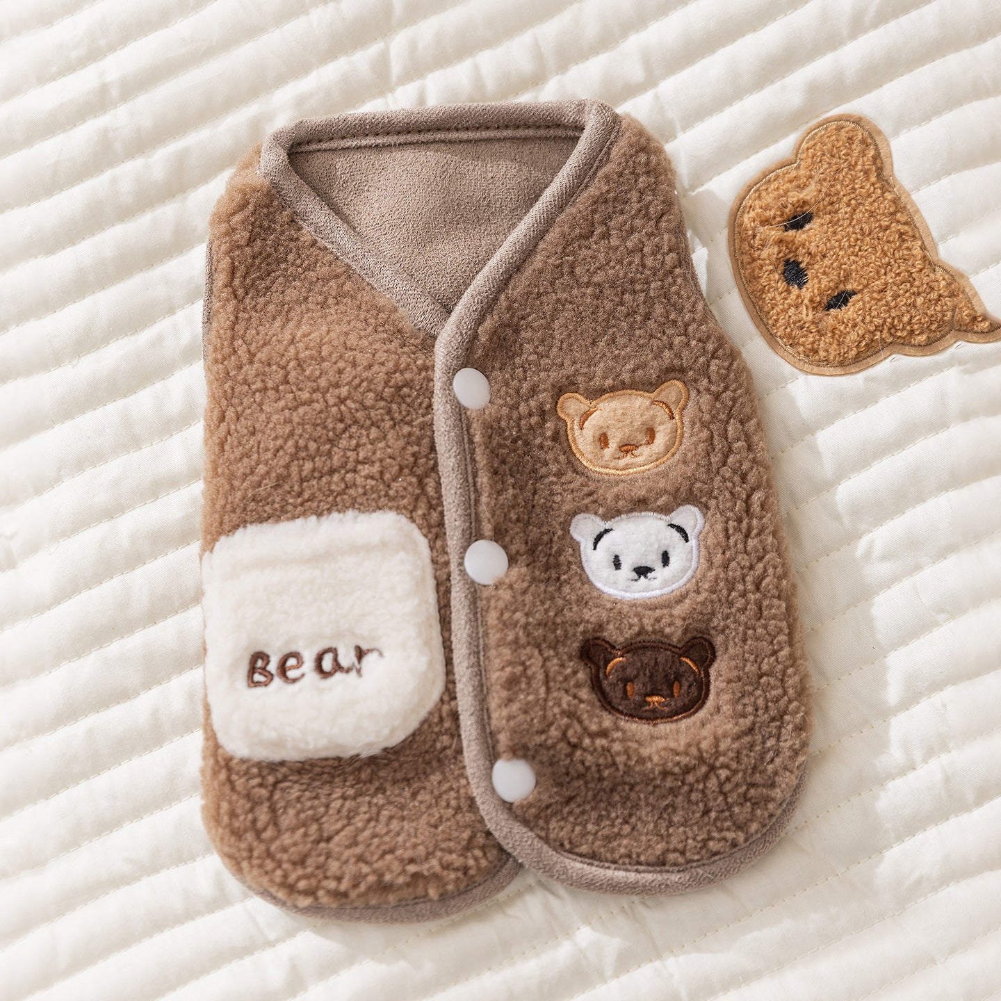 Cute Bear Patch Fleece Dog Vest – Warm Soft Winter Jacket for Small Dogs, Cozy Puppy Coat