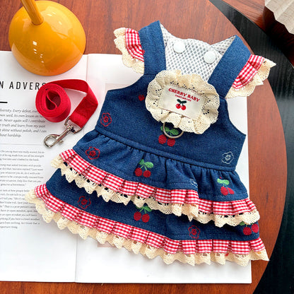 Cherry Denim Pet Harness Dress – Cute Lace Princess Style