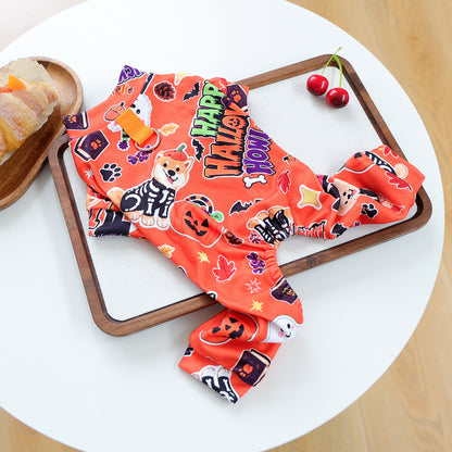 Halloween Dog Pajamas – Pumpkin Ghost Print Pet Jumpsuit for Small Dogs & Cats