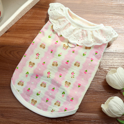 Bear Print Pet Shirt – Cute Lace Collar Summer Fit
