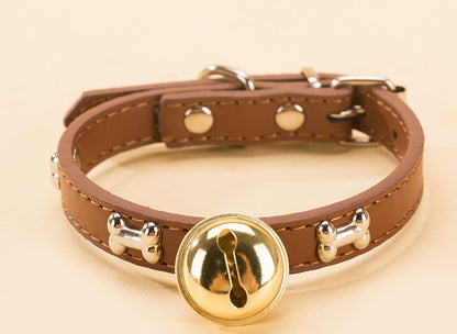 Leather Pet Collar with Bell | Adjustable Cat & Small Dog Collar with Paw Studs | Cute Pet Collar | HipiDogs