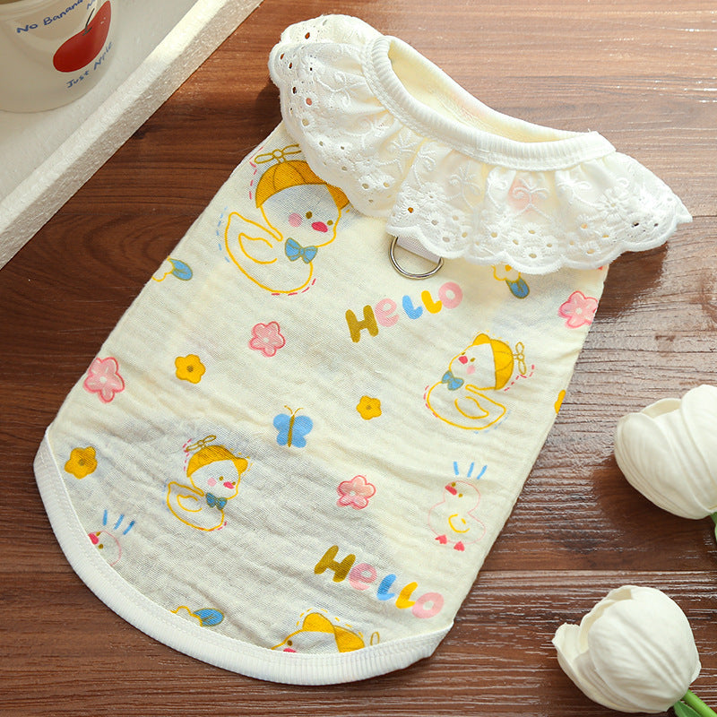 Bear Print Pet Shirt – Cute Lace Collar Summer Fit