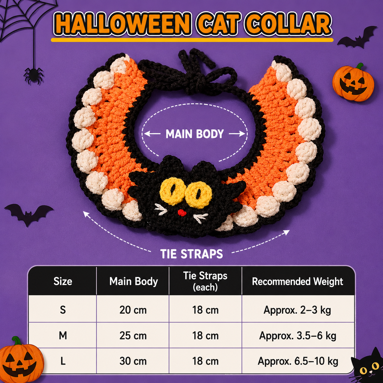 Crochet Halloween Cat Collar – Orange Black Bat Wing Pet Costume with 3D Cat