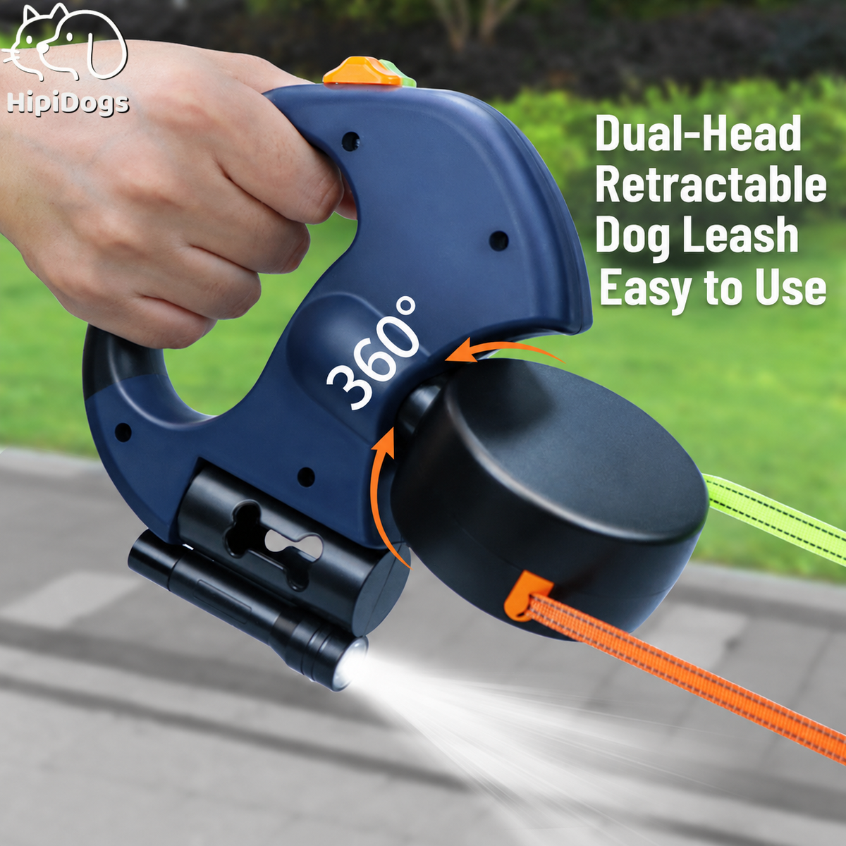 360° Dual Retractable Dog Leash – 5M Double Leash with LED Light & Waste Bag Holder