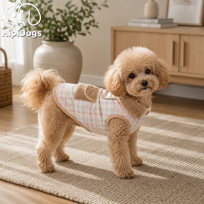 Plaid Fleece Dog Vest – Cozy Winter Pet Jacket with Sherpa Collar & Pocket Detail