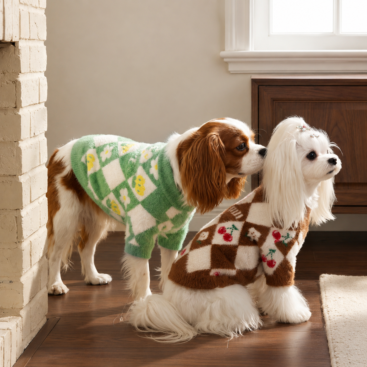 Cozy Cherry Argyle Dog Sweater – Soft Fuzzy Knit Pullover for Cool Weather