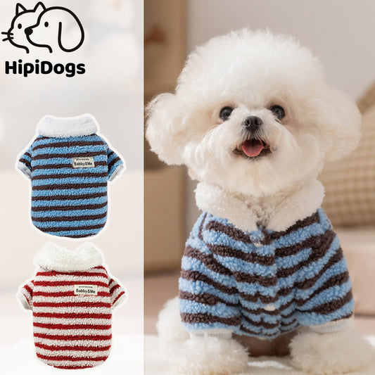 Warm Striped Fleece Dog Sweater Coat – Soft Winter Pet Jacket for Small Dogs, Cozy Plush Puppy Clothing