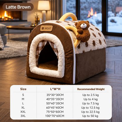 Cozy Enclosed Dog House Bed – Warm Plush Pet Cave with Curtains & Carry Handle for Dogs and Cats
