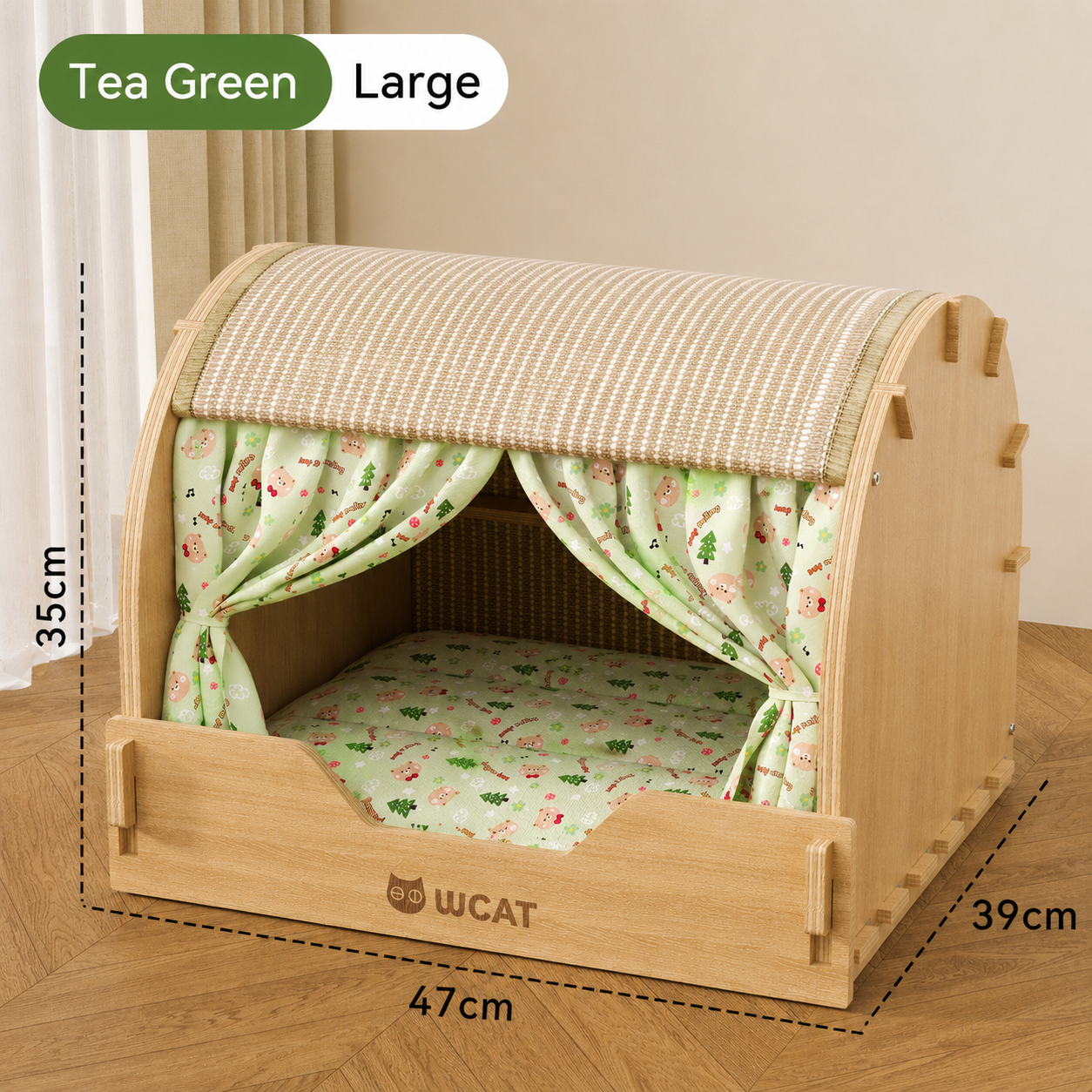 Wooden Cat House with Scratching Roof & Cushioned Bed – Indoor Cat Condo with Privacy Curtains