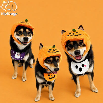 Pumpkin Hood Halloween Pet Costume with Reversible Bib – Dog & Cat Jack-O’-Lantern Hat
