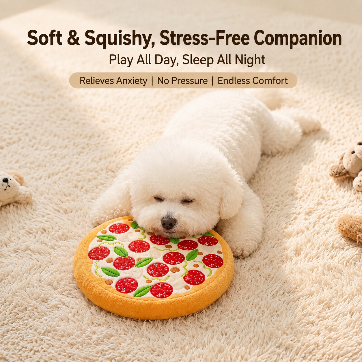 Cute Plush Dog Toy – Pizza & Lion Round Squeaky-Style Play Toy