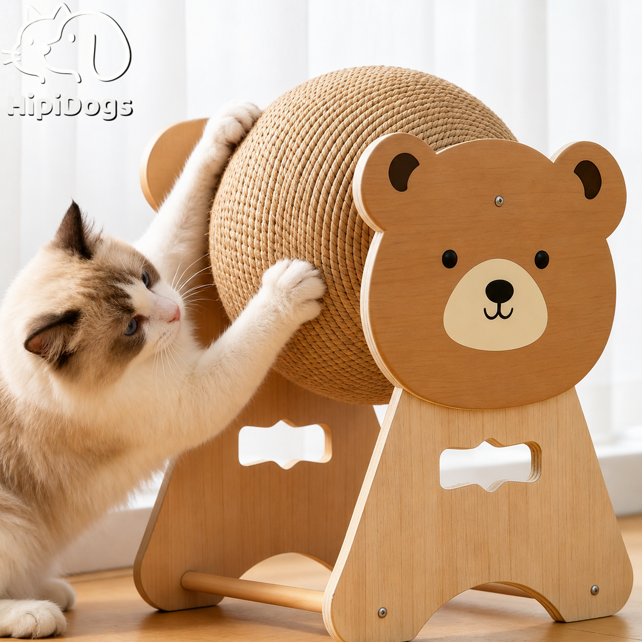 Apple & Bear Wooden Cat Scratcher – Cute Cartoon Sisal Ball Scratching Toy for Indoor Cats