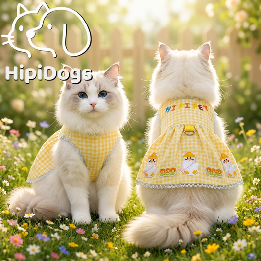 HipiDogs Cat Dress | Cute Gingham Outfit with Leash Attachment Ring