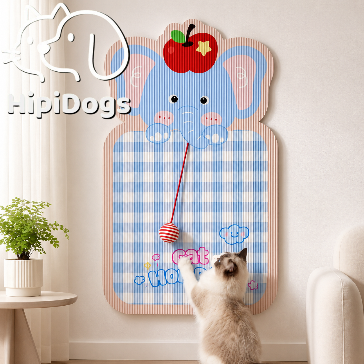 HipiDogs Elephant Cat Scratching Board with Hanging Ball Toy | Wall-Mounted Scratch Pad