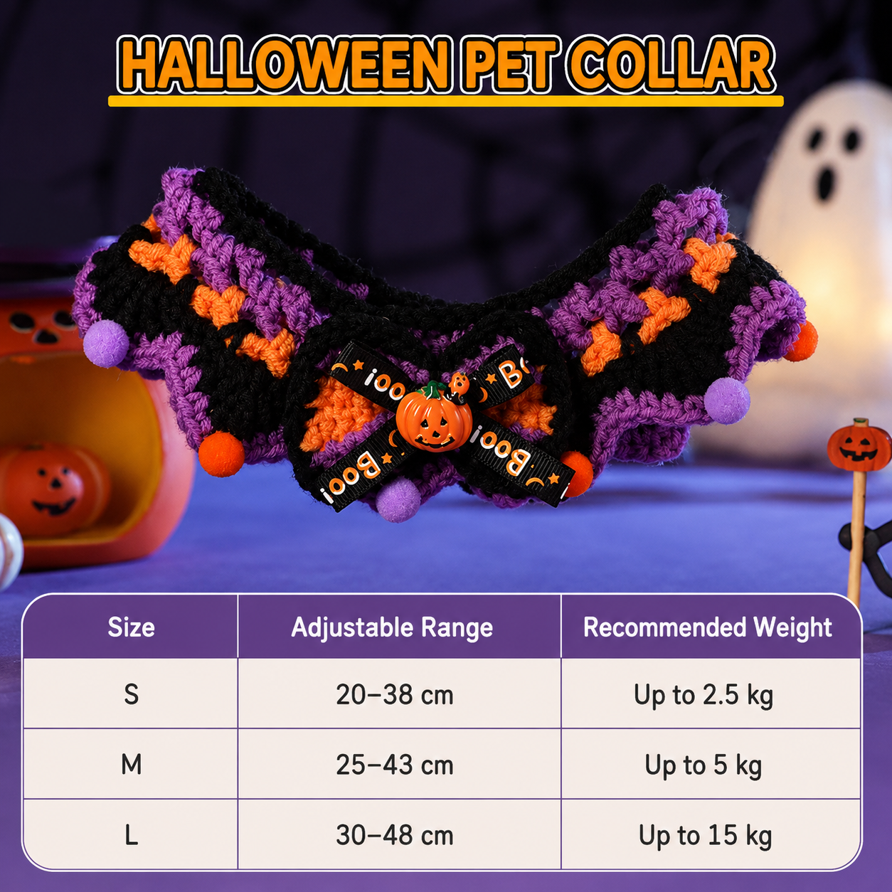 Crochet Halloween Cat Collar – Purple Black Ruffle Pet Costume with Pumpkin Bow