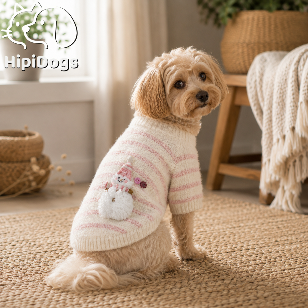 Soft Striped Knitted Dog Sweater – Cozy Winter Pullover with Cute Snowman Design