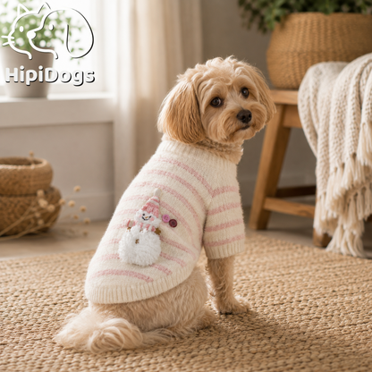 Soft Striped Knitted Dog Sweater – Cozy Winter Pullover with Cute Snowman Design