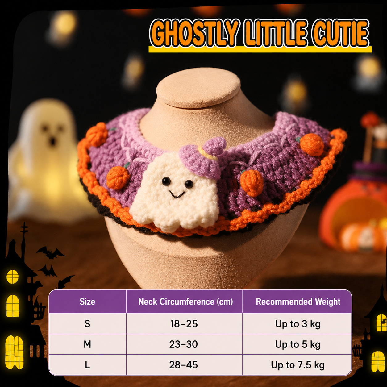 Crochet Halloween Pet Collar – Handmade Ghost Pumpkin Cat & Dog Costume Neckwear