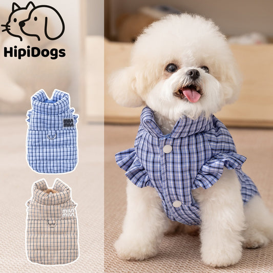 Plaid Padded Dog Dress with Harness Ring – Warm Winter Coat for Small Dogs, Cute Ruffle Puppy Jacket
