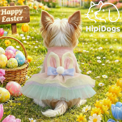 Easter Bunny Dog Dress | Cute Rainbow Tutu Pet Outfit with Bow | Spring Holiday Dress for Small Dogs & Cats | HipiDogs